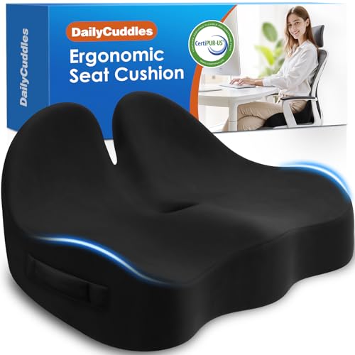 DailyCuddles Large Black Memory Foam Seat Cushion with Rabbit Ear Edges, Office Chair Pad