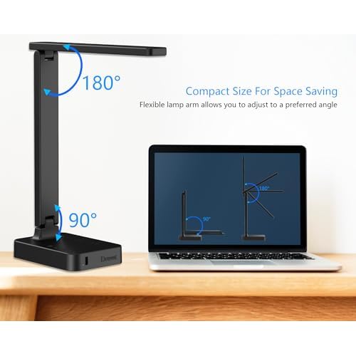 Drevet LED Desk Lamp for College Dorm Room, Desk Light with 1 USB Charging Port 2 AC Power Outlet, 3 Lighting Modes, 3 Level Brightness Touch Lamp, Eye-Caring Home Office Foldable Table Lamp