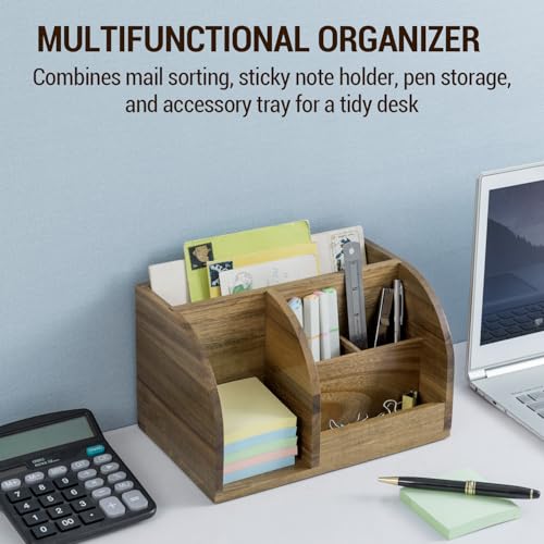 MyGift Premium Acacia Solid Wood Desk Organizer, Rustic Wooden Office Supplies Table Caddy with Mail Sorter, Sticky Note Holder, 2 Slot Pen Storage, and Accessories Tray