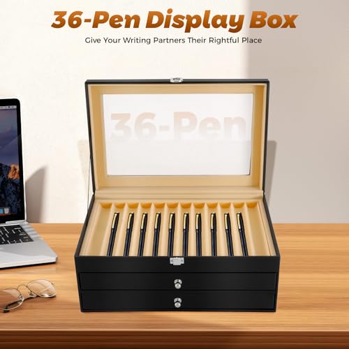 TFCFL Fountain Pen Display Case Box 36 Slots Wooden Collector Display Case 3 Layer Fountain Pen Storage Display Box as a Gift for Father, Boyfriend, Husband, Son, Colleague, Friend (Black, 36 pens)