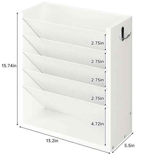 Hanging Wall File Organizer, 6 Tier Wood Wall File Holder with 2 Hooks, Mail Organizer Wall Mounted with Bottom Flat Tray, Vertical Paper Desk Storage for Office, Home, White
