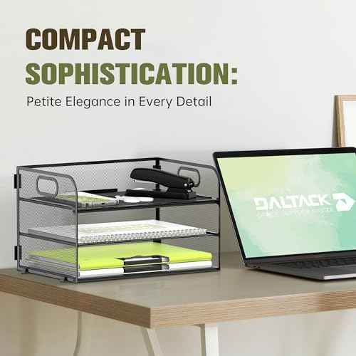 Daltack 3-Tier Paper Organizer with Handle, Mesh Desk Organizer Letter Tray, Paper Tray Organizer File Organizer for A4 File Folder, Black