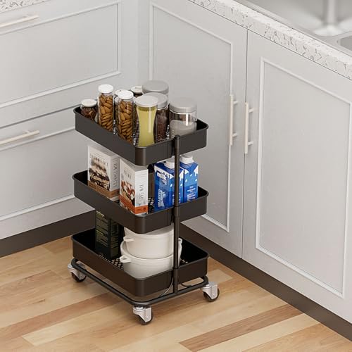 3 Tier Modern Metal Rolling Tool Cart with Silent Casters, 15.35x11.81x23.74 inch Heavy Duty Organization Truck Trolley Organizer for Office, Living Room, Kitchen, (Black)