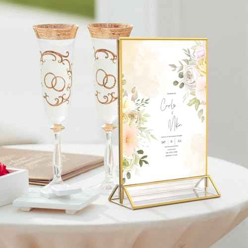 MaxGear 5x7 Gold Acrylic Sign Holder 12 Pack, Gold Table Number Holders, Mini Frames Double Sided Acrylic Picture Frames Photo Stand, Clear Menu Flyer Stand for Wedding, Home, Restaurant