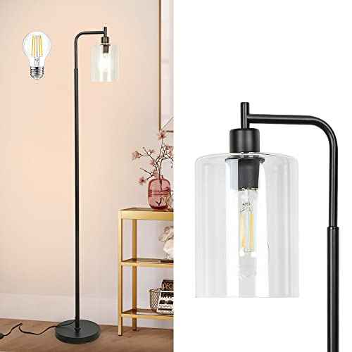 Depuley Black Floor Lamp, Industrial LED Floor Lamps with Hanging Glass Shade, Farmhouse Standing Lamp Modern Tall Pole Lighting for Living Room, Bedroom, Office, Study Room, E26 Bulb Included