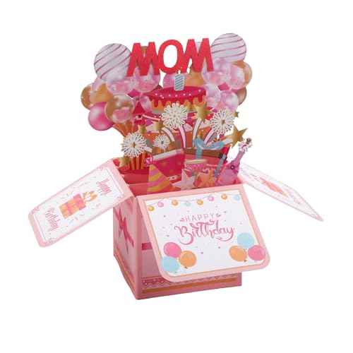 Happy Birthday Mom Pop up Card, Thoughtful Birthday Cards for Mom Colorful Balloons Excitement Fireworks Gift Box with Envelope Creative Pop up Gift Card for Women Stepmom Godmother
