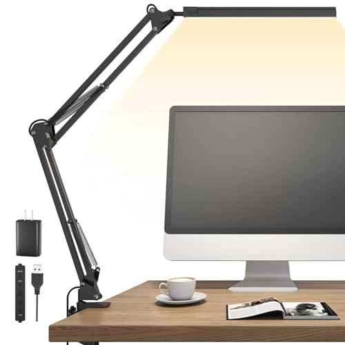 LED Desk Lamp for Home Office, Clamp-On with 5 Light Modes & Auto Shut Off | 14W Adjustable Brightness 5000K Eye-Caring Lighting for Study/Bedroom/Computer Desk