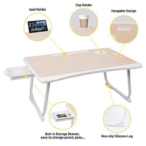 Amaredom Laptop Bed Desk Tray Bed Table, Foldable Portable Lap Desk Notebook Stand Reading Holder with Storage Drawer and Cup Holder for Eating Breakfast on Bed/Couch/Sofa-White Oak