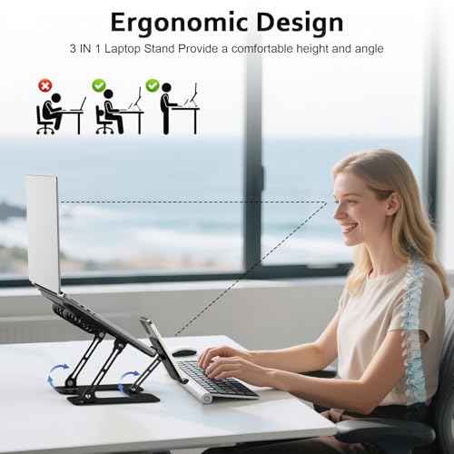 Laptop Stand with Fan, MacBook Cooling Stand with 2 Removable Silent Fans and Phone Holder,Adjustable Height and Angle,Laptop Cooling Pad for 10-18 Inch Laptop,MacBook Pro,Tablet (Black)