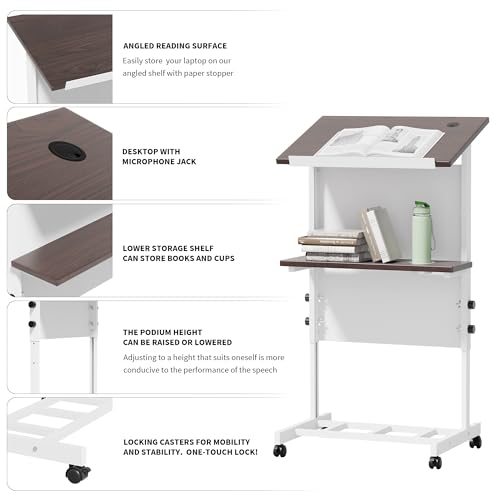 LayBurst Podium Stand Portable Lectern with 7-Position Height, Cup Holder & Shelf - White