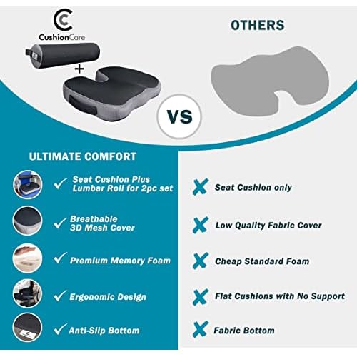 2pc Ergonomic Seat Cushion Lumbar Roll Combo for Chair - Pain and Pressure Relief for Lower Back, Sciatica, Coccyx, Butt, Tailbone - Memory Foam Posture Support Pillow for Office Desk, Car, Wheelchair