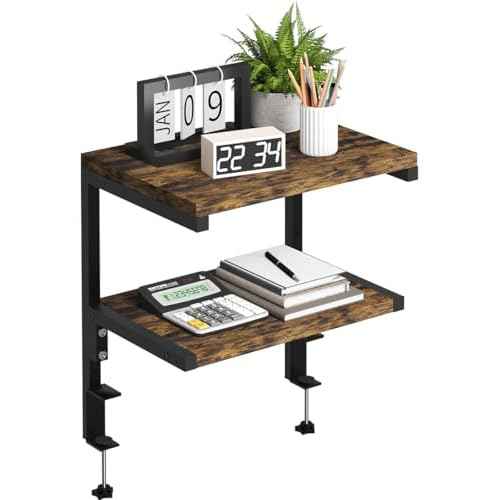 Clamp on Desk Organizer Shelf, Heavy-Duty Desk Extender Side Table with 2-Tier Adjustable Storage Shelves for Desktop Accessories, Gaming Devices, Black