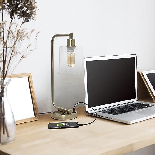 Simple Designs LD1066-ABS Bronson Antique Style Industrial Iron Lantern Desk Lamp with 2 Dual USB Ports and Glass Shade, Antique Brass