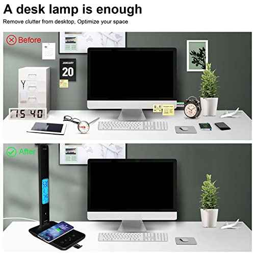 Desk Lamp with Wireless Charger£¬USB Charging Port, Dimmable Office Desk Light with Clock, Alarm, Date, Temperature, Foldable Lamp for Table Bedroom Bedside Office (Black, Standard Size-13.3 inch)