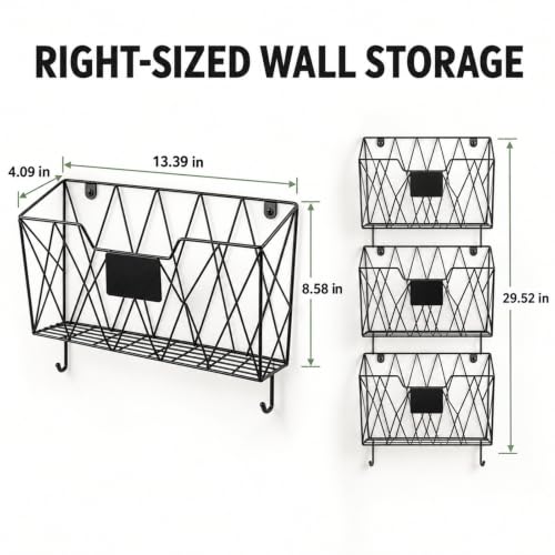 OYEAL 3 Pack Black Metal Wall File Organizer Hangings for Home Office