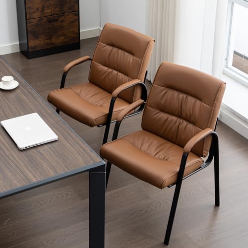 BoisKom 2-Pack Office Guest Chair, Brown Leather Reception Chairs No Wheels