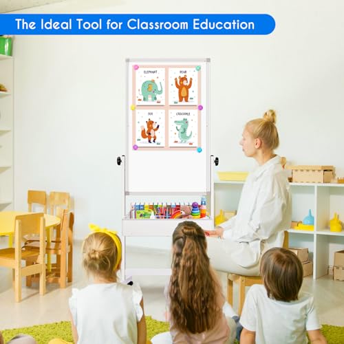 Maxtek White Magnetic Mobile Whiteboard on Wheels 40x24 with Storage Basket