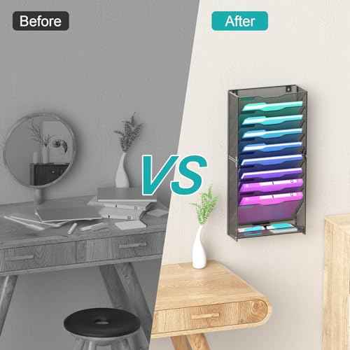 10 Tier Hanging Wall File Organizer, Wall File Holder Organizer Mounted Letter Mail Magazine File Rack With Flat Tray For Office Home School, Black