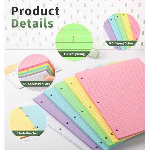 120 Sheets Loose Leaf Binder Paper, 6-Color Wide Ruled Lined Paper, 8¡± x 10.5¡±, 3-Hole Punched Notebook Paper Writing Paper for School Office