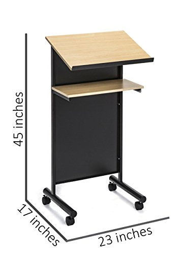 Wheeled Lectern - Standing Desk with Storage Shelf in Beech/Black (AV Direct) - Ideal for Presentations & Laptop