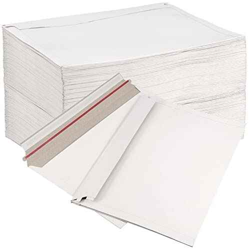 SINJEUN 100 Pack 9x 12 Inch Stay Flat Mailers, 250 gsm Self Seal White Cardboard Envelopes, Stay Flat Envelopes for Files, Photos, Pictures, Papers