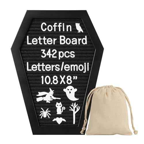 Coffin Felt Letter Board with 342 Changeable Letters&Numbers, 10.8¡±x8¡± Spooky Letterboard Gothic Message Board Letter Sign Board with Stand and Canvas bag for Halloween Party Christmas