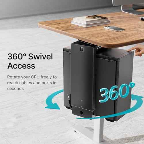 Adjustable Under Desk PC Mount, 3.5 to 8 Inch Wide Computer Tower Holder with Locking Handle,360 Degree Swivel Adjustable Height and Width, Black