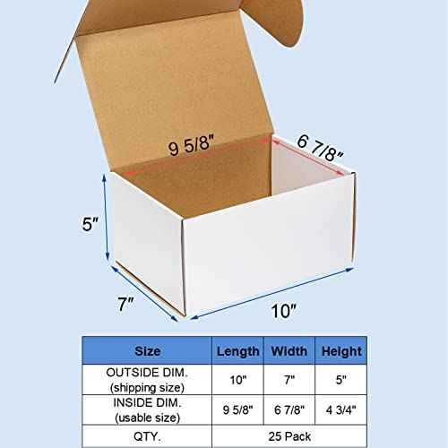 10x7x5" 25 Pack Shipping Boxes - White Corrugated Cardboard Mailing Boxes for Small Business - Flat Empty Literature Mailer Packaging Supplies