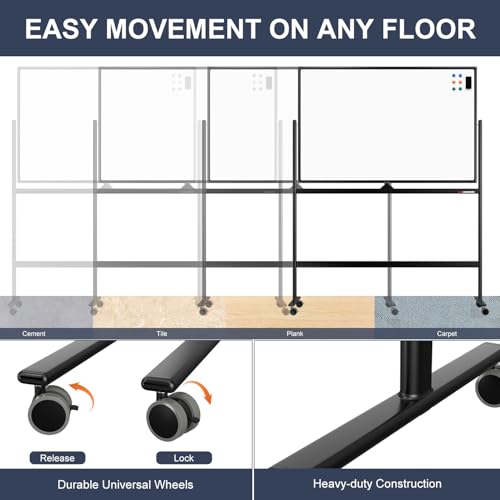 Tankee 48x32 Black Rolling Whiteboard - Large Magnetic Dry Erase Board on Wheels