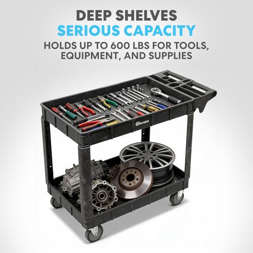 Simpli-Magic 2-Shelf Heavy Duty Utility Cart with Ergonomic Handle, 600 lb Capacity, 40x33x17-Inch Steel Black