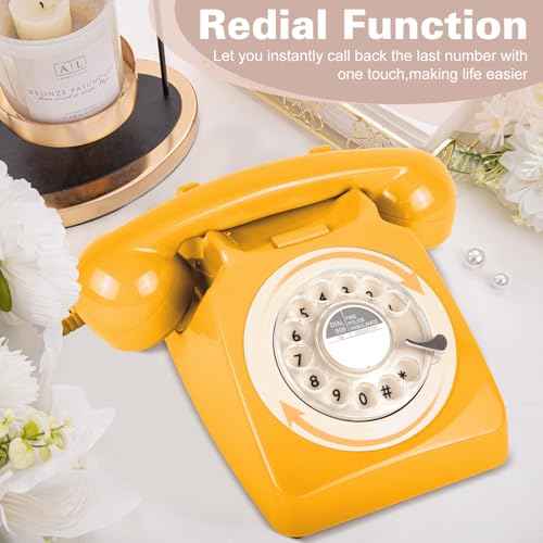 746 Rotary 1970s-style Retro Landline Phone - Curly Cord, Authentic Bell Ring (Mustard)