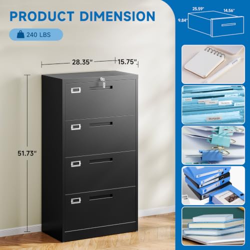 BYNSOE 4-Drawer Locking Lateral File Cabinet, Full-Extension Steel Office/Home, Black (A4/Letter/Legal) - Assembly Included