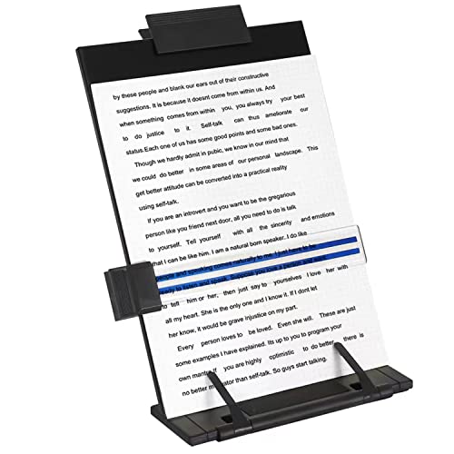 Adjustable Desktop Document Holder Stand with Paper Clip and Line Guide for Office, Black Metal