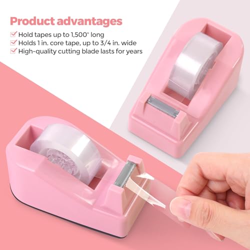SKYDUE Pink Desk Accessories 10Pcs, Rotating Pen Holder for Desk, Stapler, Staple Remover, Tape Dispenser,2pcs Tape Refills, Binder Paper Clips Kit, Scissor,Pink Office School Supplies