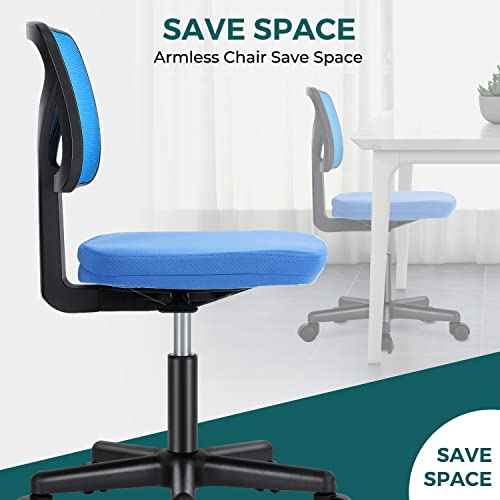 DUMOS Armless Desk Chairs with Wheels, Ergonomic Adjustable Home Office Swivel Rolling Task Chair No Arms, Comfy Mesh Mid Back Computer Work Vanity Desk Seat for Small Spaces, Blue