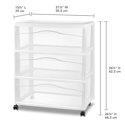Sterilite Wide 3 Drawer Rolling Storage Cart - White, Plastic Organizer, 15.4x21.9x24.5 in