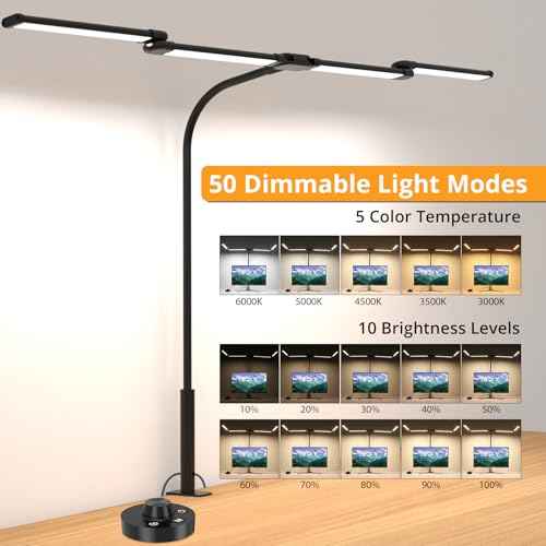 iVict Desk Lamp for Home Office, 24W Flexible Gooseneck Table Lamp, Desks Lamps with Clamp, 10 Color Modes 10 Brightness Eye-Caring Desk Light w/USB Adapter(Black)