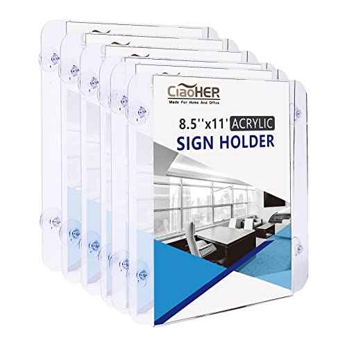 CiaoHER Acrylic Sign Holder 8.5 x 11, Clear Acrylic Frames Glass Window Wall Mount Advertising Signage Sign Holder with 4 Suction Cups for Mall, Office, Home, Restaurant, Vertical £¨6 Pack£©