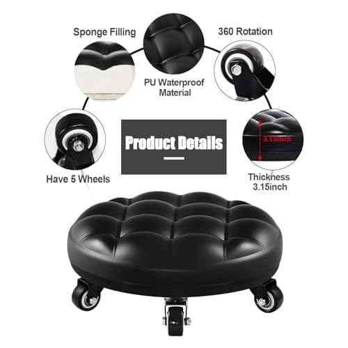Lanstics Low Roller Seat Wheel Stool Chair PU Leather Rolling Stool Seats on Wheels for Home Office Fitness Round Roller Seat Stool (Black)