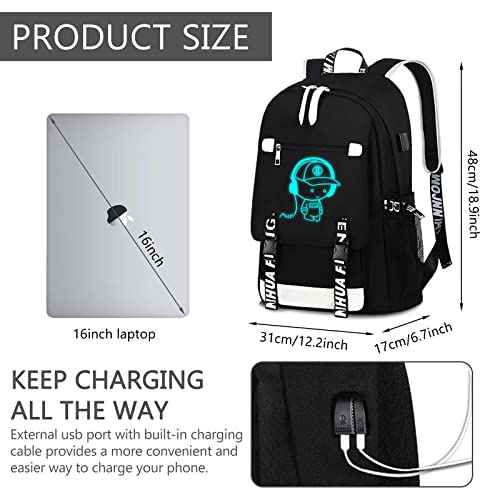 School Backpack for Boys Print Backpack Teenagers Anime Large School Bag Outdoor Reflective Daypack.Luminous Pattern Travel Laptop Backpack - With Usb Charging Port Headphone port
