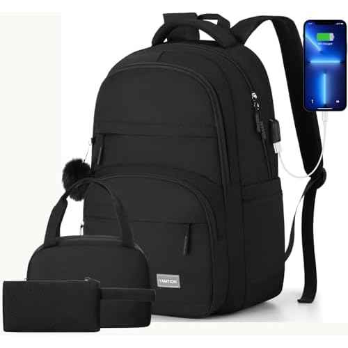 YAMTION Black School Backpack Set for Women,High School Bookbag for Girls Middle School Bags for Kids with Charger Ports for College Work