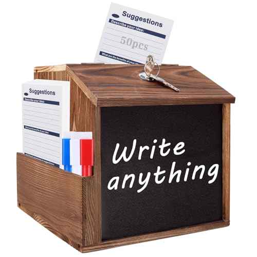 Wood Suggestion Box with Slot and Lock,Wooden Tip Money Drop Donation Boxes For Saving Fundraising,Prayer Ballot Comment Box Countertop Wall Mounted with Chalkboard and Keys for Church,Wedding