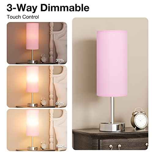Dicoool Pink Touch Nightstand Lamps for Girl - Small Desk Bedside Lamp with USB-C and USB Charging Ports, 3 Way Dimmable Control Table Lamp for Living Room Office, Dorm, Reading