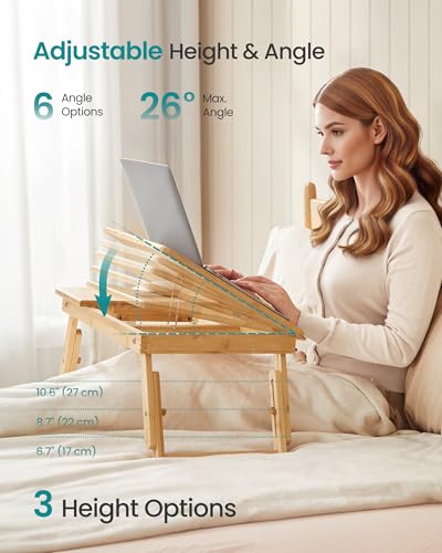 SONGMICS Light Bamboo Bed Laptop Desk, Adjustable Height & Tilt, 13.7"x21.8"