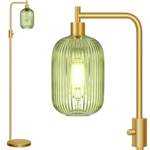 ¡¼Upgraded¡½ Dimmable Glass Floor Lamp for Living Room, Modern Gold Standing Lamp with Green Ribbed Glass Lampshade & Knob Dimmer, Arc Tall Lamp for Bedroom Office Reading Room, 2700K Led Bulb Included