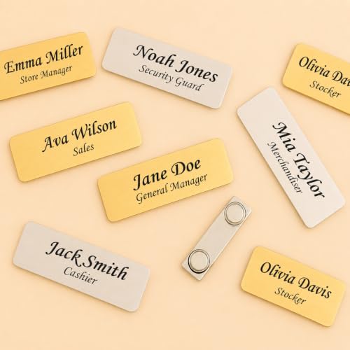 MIA·MIA Custom Engraved ID Name Tag Tag with Text & Logos – Only Text Variation, Metal or Acrylic, Front Pin or Magnetic Backing