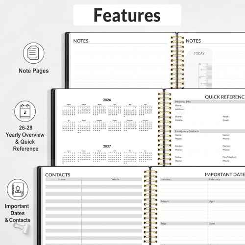 SUNEE 2026 Appointment Book, Quarter-Hourly, Weekly & Monthly - from January 2026 - December 2026, 8.5"x11" Weekly Planner, Flexible Cover, Note Pages, Pockets, Bookmark, Spiral Binding, Black