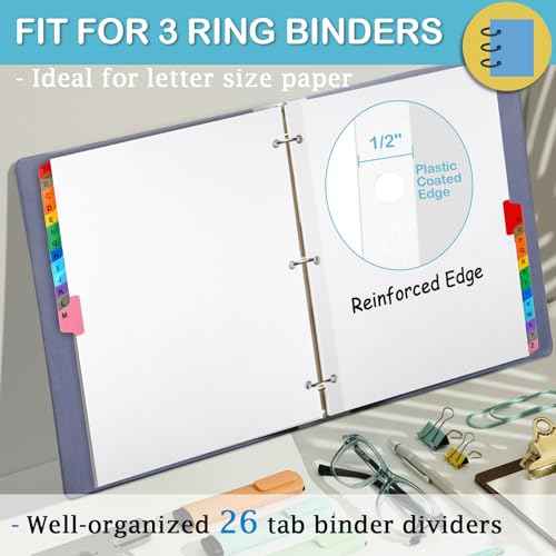 Alphabet Binder Dividers for 3 Ring Binder, COIDEA A-Z Dividers for 3 Ring Binder, Multicolor A-Z Binder Dividers with Customizable Table of Contents Page, ABC Alphabet Tabs for School Office