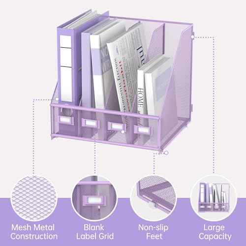 SUPEASY Magazine File Holder Desk Organizer, Metal Binder Holder with 4 Vertical Compartments for Office Home School, Purple Plus
