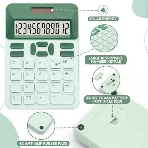 Green Basic Calculator with 12 Digit LCD Display - Cute for Office, Home, School